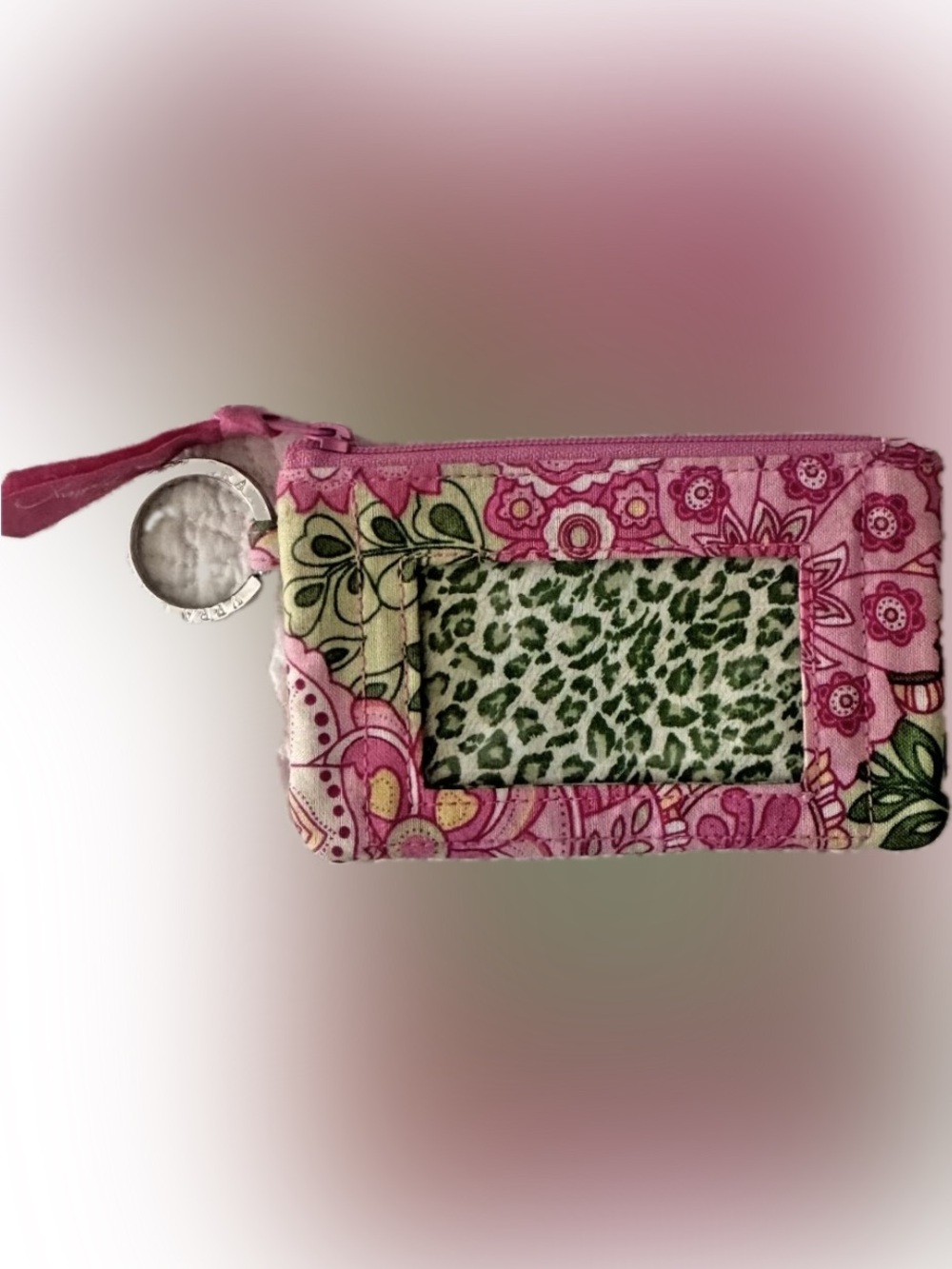 VERA BRADLEY RETIRED PINK GREEN PAISLEY FLORAL LEOPARD ZIP COIN WALLET WRISTLET